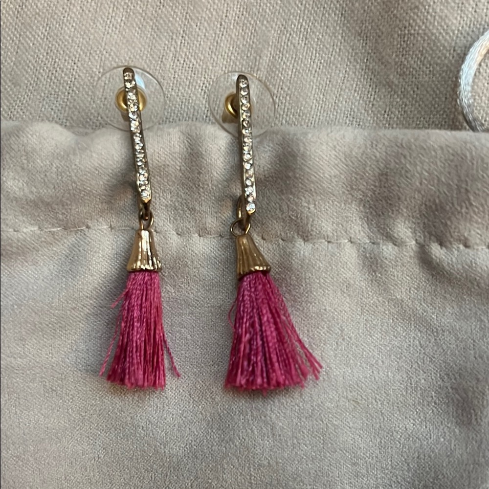 Gold Crystal Bar Tassel Earrings - Pink